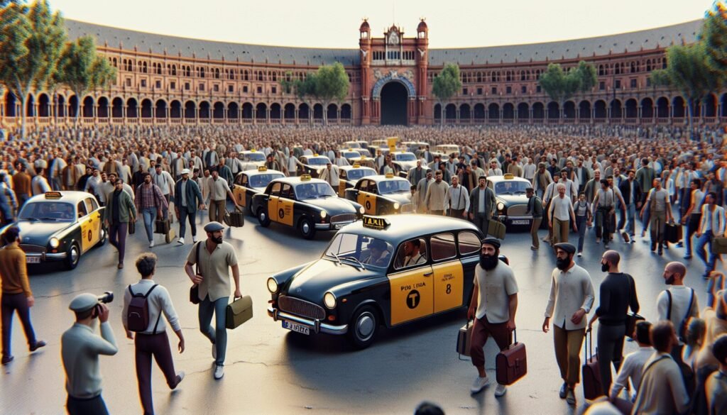 taxistas de barcelona llegan puntuales a concentracion en plaza de espana